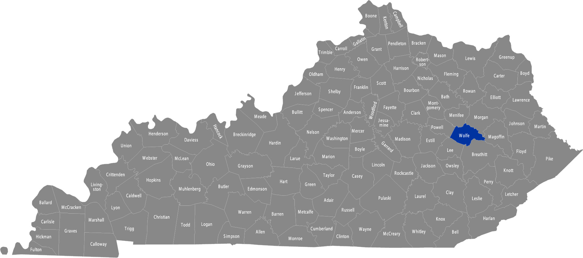 State of Kentucky map with Wolfe County highlighted